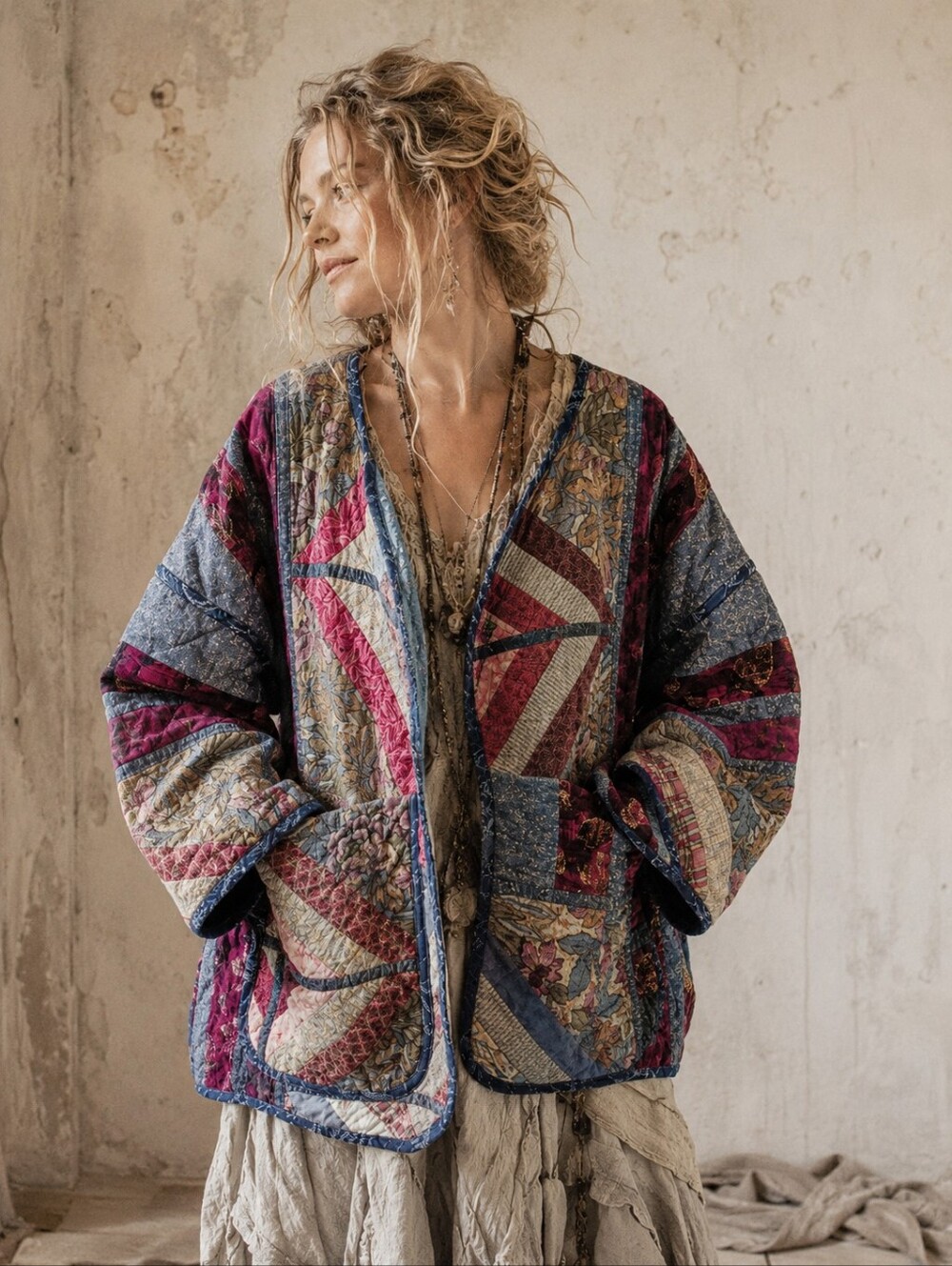 Handmade Patchwork Quilt Jacket Size L Oversized Fit Shabby Chic Hand Crafted